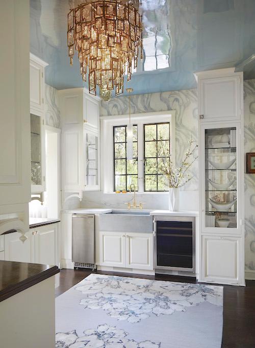 Kitchen with ornate chandelier