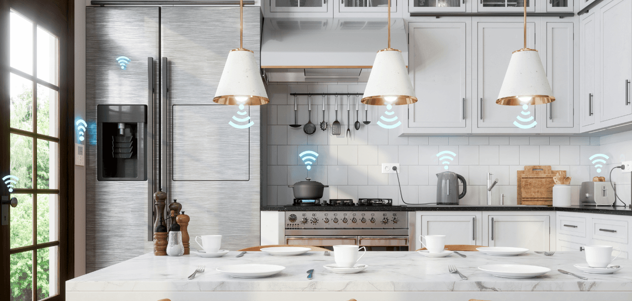 Interior Of White Kitchen And Smart Remote Home Control System With App Icons Connected Home Electronics Devices