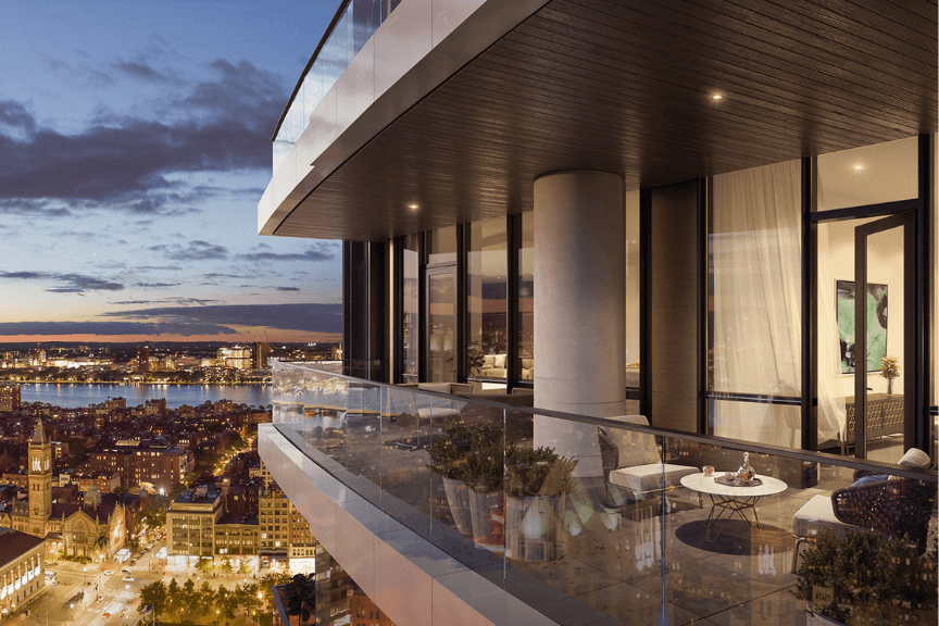 View from a luxury condo terrace of the city below at twilight