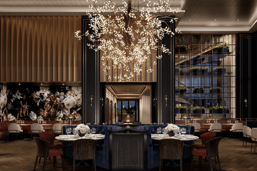 High end restaurant with plush navy chairs and a chandelier shaped like the intricate branches of a tree with twinkly lights