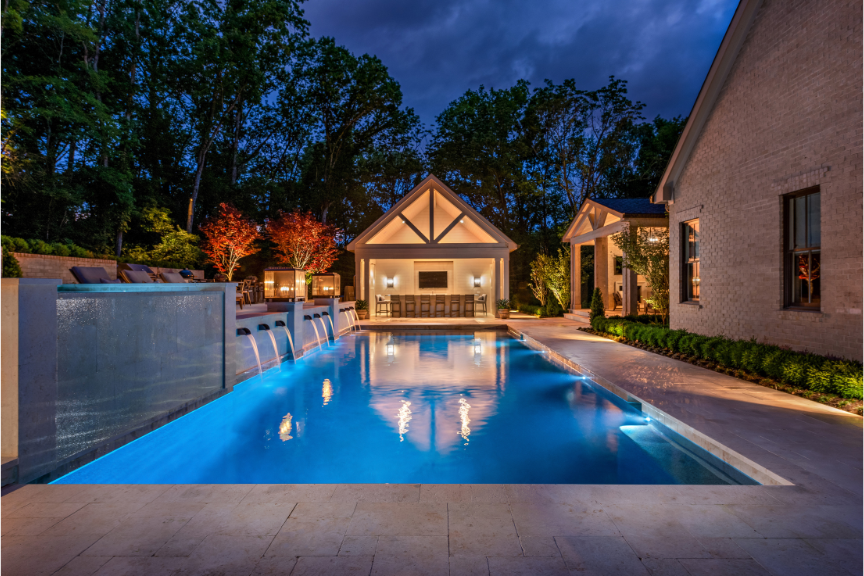 Modern backyard pool at twilight