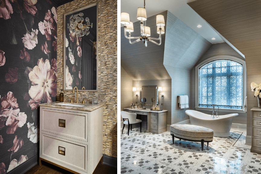 Left is a bathroom with navy blue flowered wallpaper, right is a classic clawfoot tub in a large bathroom