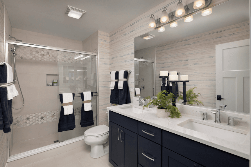 Modern bathroom with single sink and dark wood cabinetry