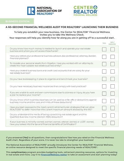 60-second financial wellness audit for REALTORS® launching their business