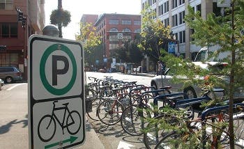 Bicycle racks in a urban area of Portland, OR