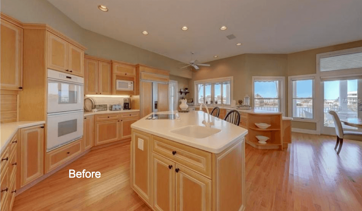 Kitchen with island, and pine colored cabinets