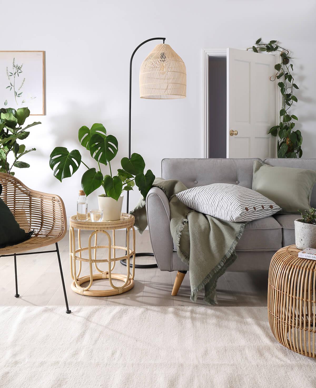 Green house plants accent a wicker, white and gray colored living room with chairs couch and lamp.