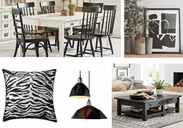 Black chairs, black and white art, throw pillows and a black coffee table