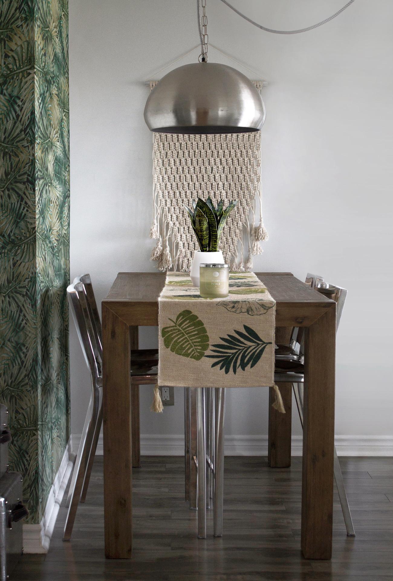 Macrame hanging on a wall behind a table