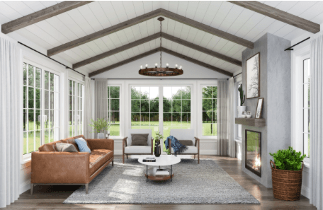 Wooden beams in a high ceiling living room 