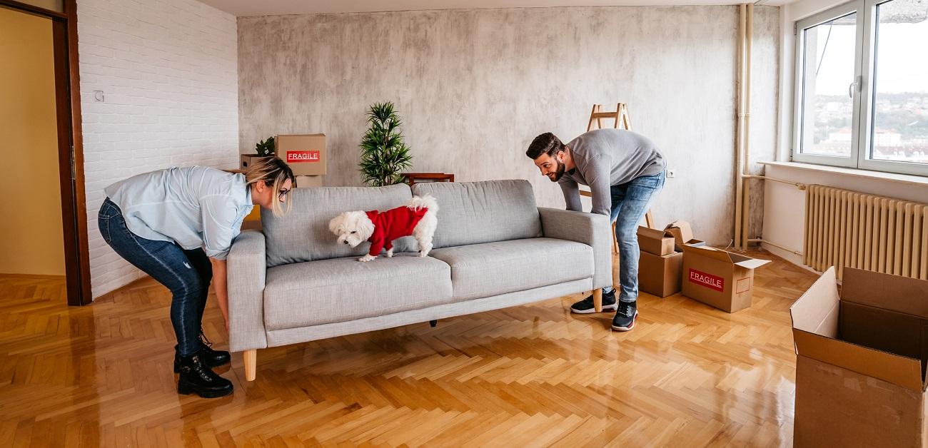 couple placing sofa in new home