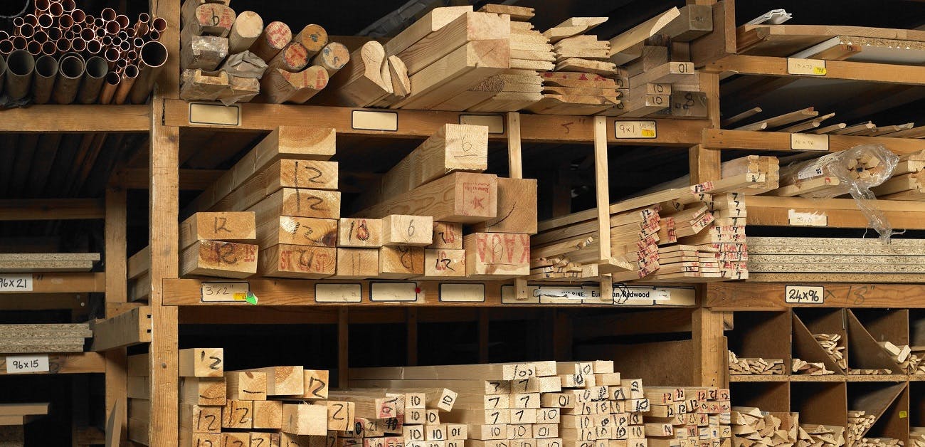 Planks of wood on shelves