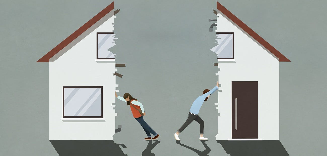 Man and woman splitting house