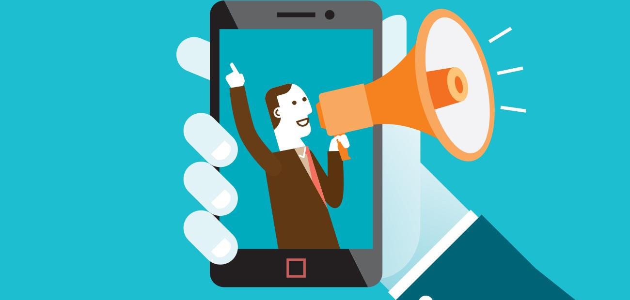 illustration of mobile shout-out campaign with businessman making announcement with megaphone