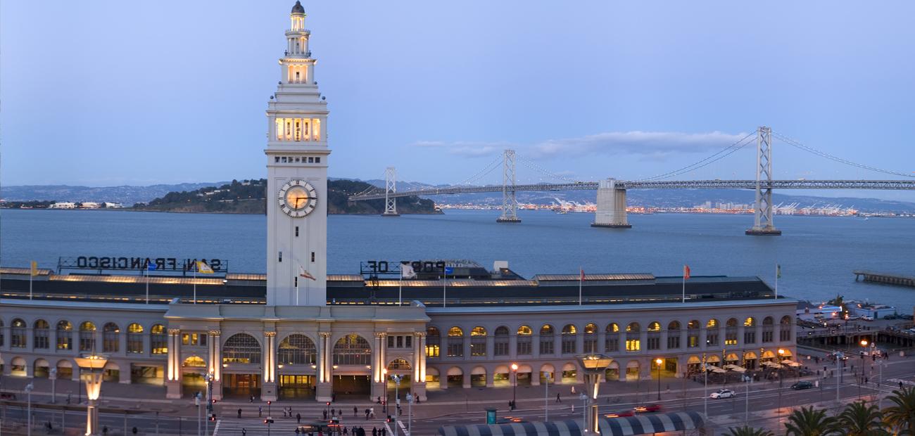 Embarcadero building, at dusk