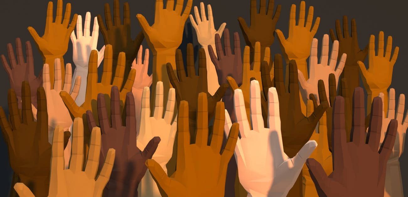 Illustration of hands raised by people of many races