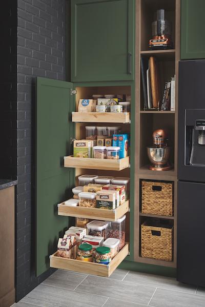 Cabinets with roll out shelves for efficiency easy access.