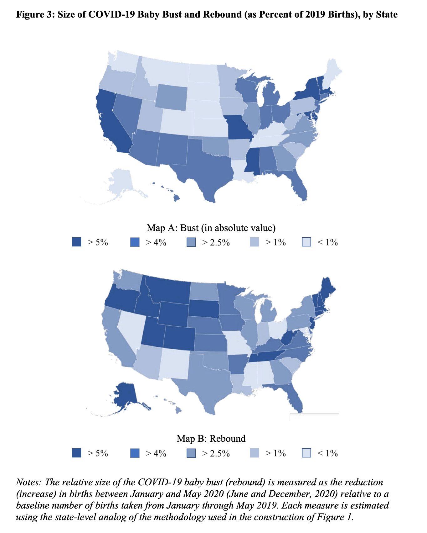 A map of the U.S. on a gradient color scale showing the decrease and recovery in baby births in the country.