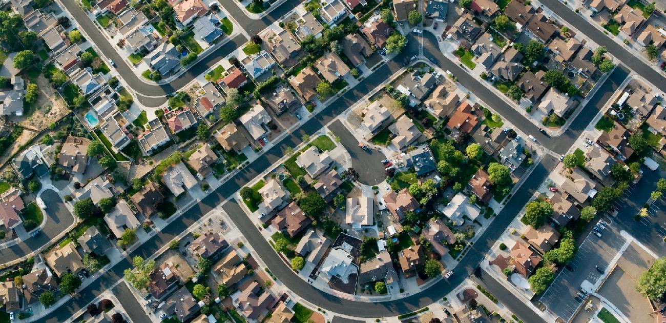 An aerial photograph of a residential neighborhood.