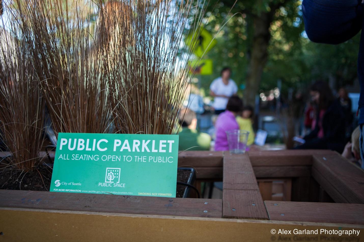 All Seattle parklets are public open space, free for use by anyone. Parklets are an easy way to build new places for people and allow businesses and community groups to exercise their creativity. (Credit: Alex Garland Photography)