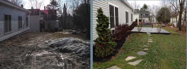 Beginning of the transformation of an empty space into an outdoor reading room and community garden in Richmond, Maine.