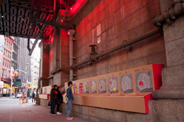 A pop-up installation beneath the Manhattan Bridge created a community calendar for local residents. Photo by Neil Donnelly / Courtesy of the Design Trust for Public Space.