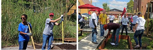 St. Louis REALTORS® staff working on a vacant lot to buid a community park in the St. Louis Greater Ville neighborhood.