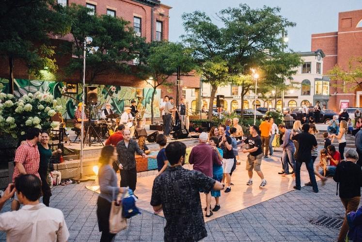 People dancing in Congress Square, Portland