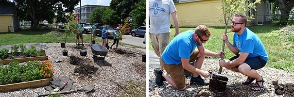 REALTORS® from MIBOR (IN) planting trees and spreading mulch.