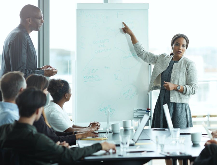 businesswoman leading meeting