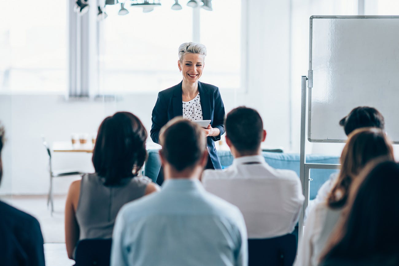 Businesswoman leading a training class for professionals