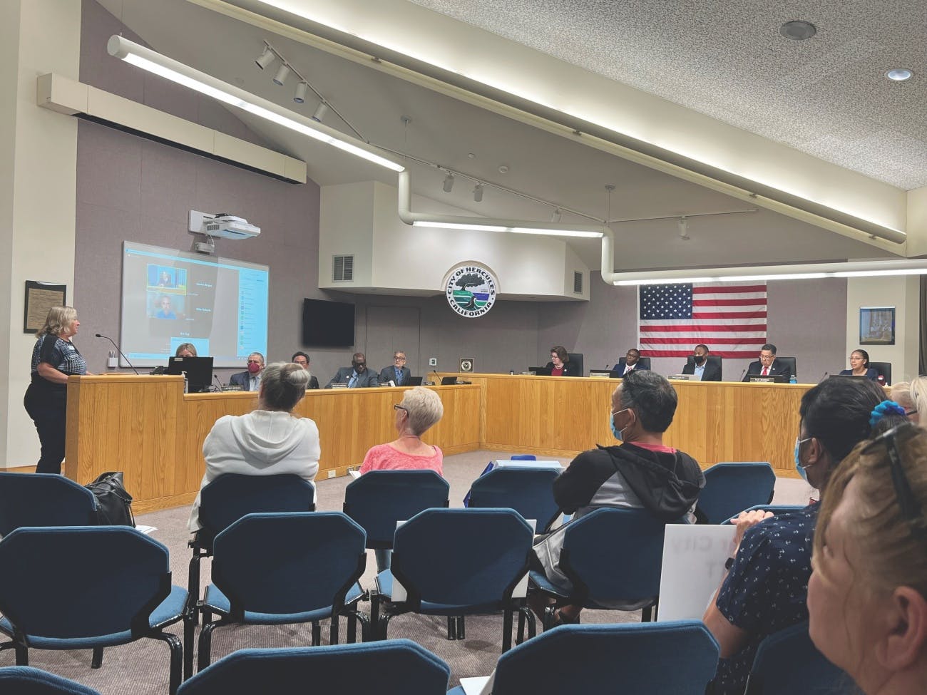 Debi Mackey, 2022 CCAR president, speaks at a Hercules City Council meeting during discussion of a proposed real estate transfer