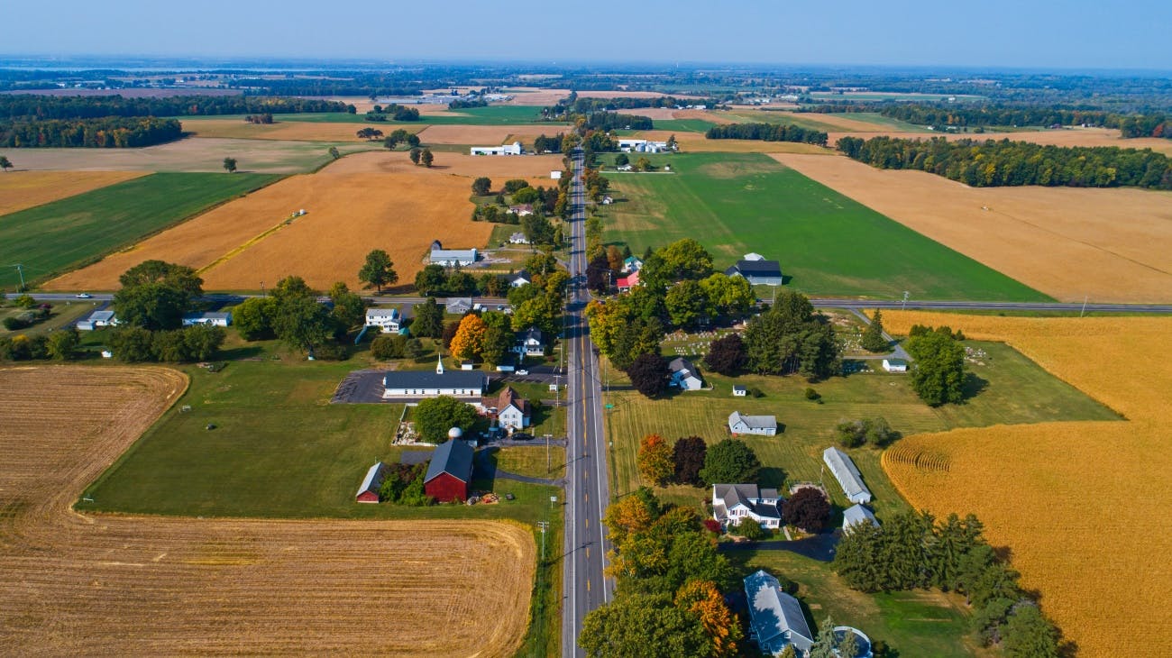 Aerial of small town in Autumn