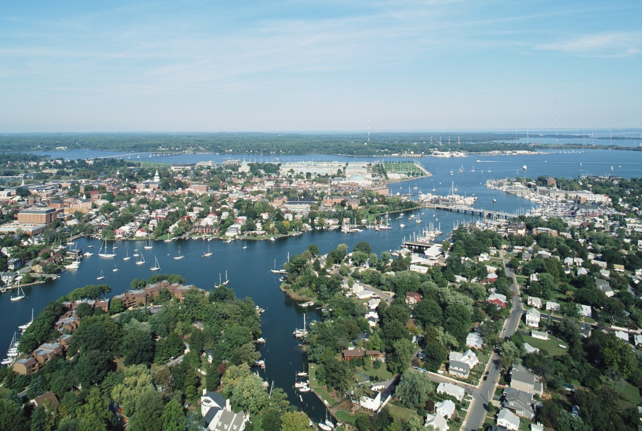 Aerial view of flooded downtown Maryland