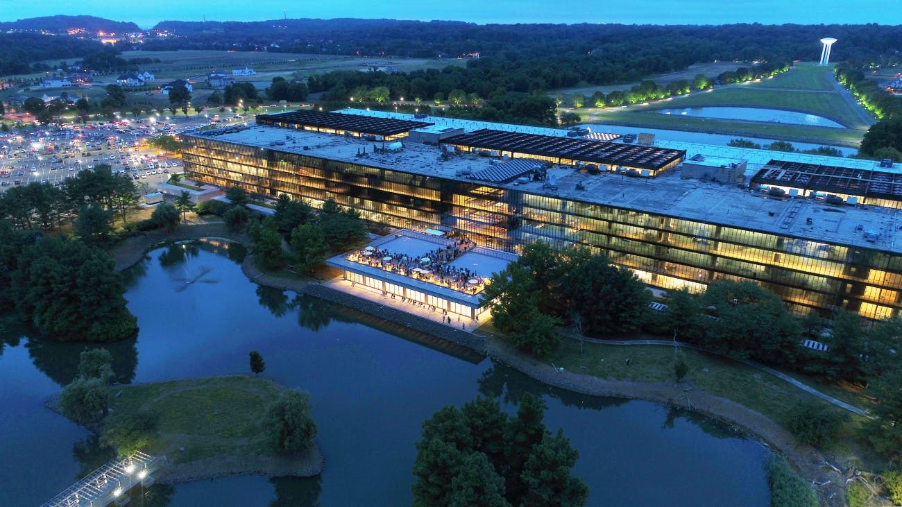 Evening, aerial image of Bell Works