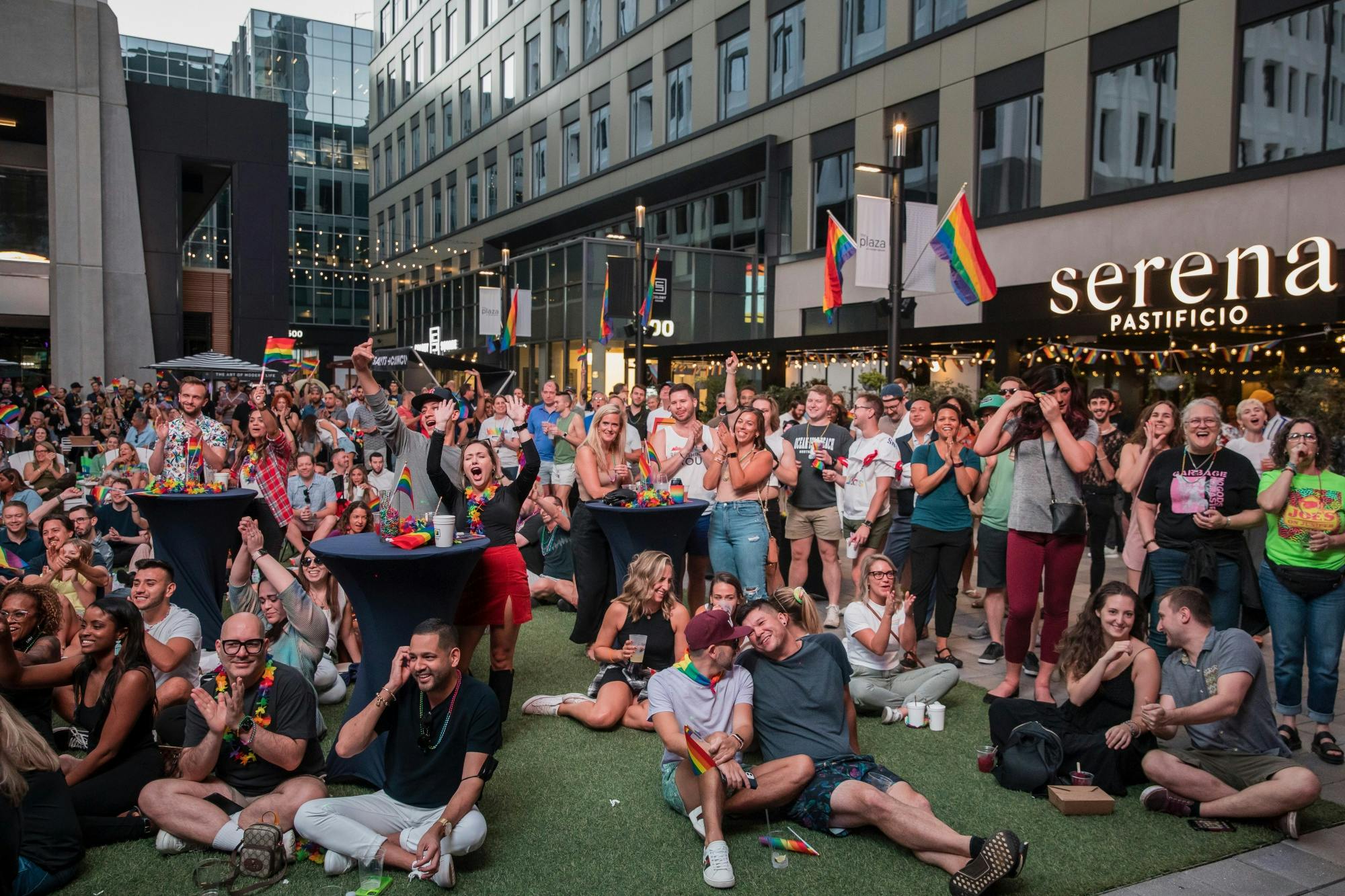 Crowd in plaza outside Colony Square during Pride