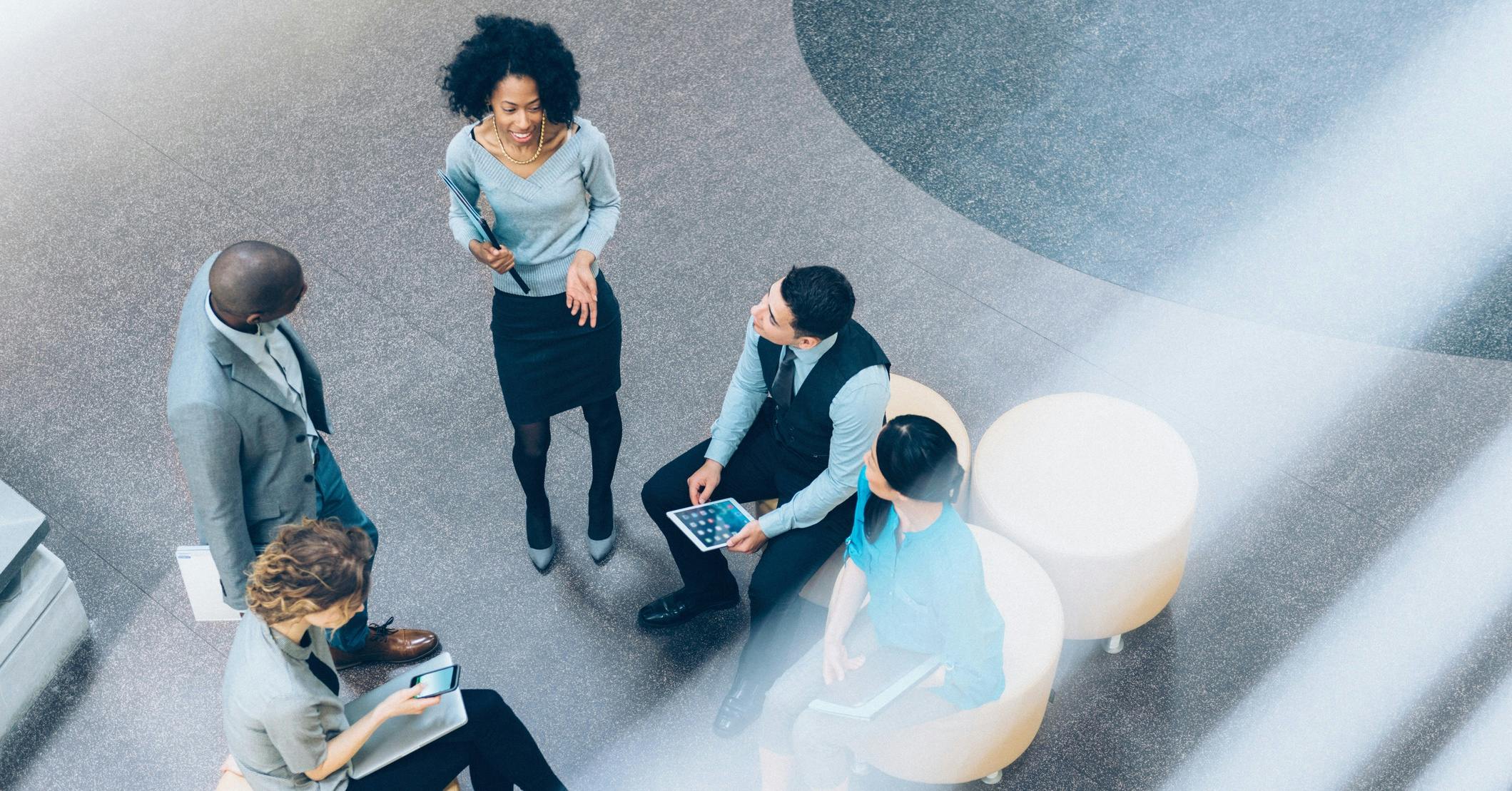 Overhead view of business people in a meeting