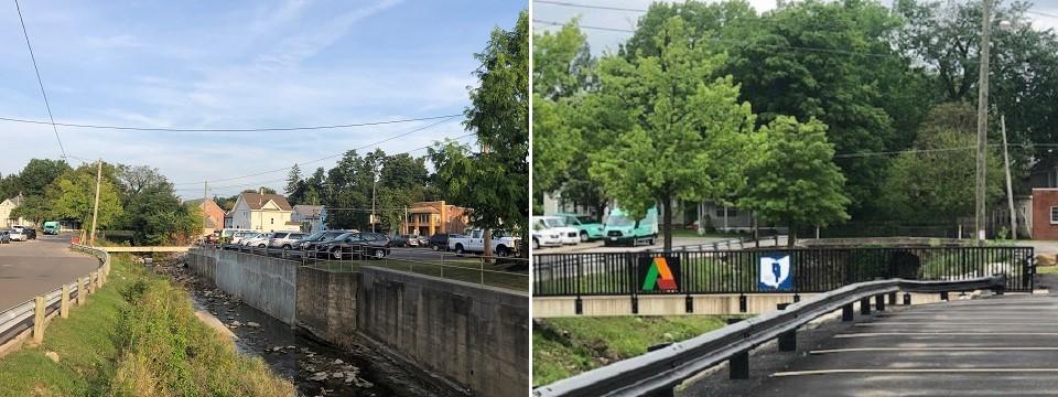 Before and after images: pedestrian bridge in Downtown Ashland, OH