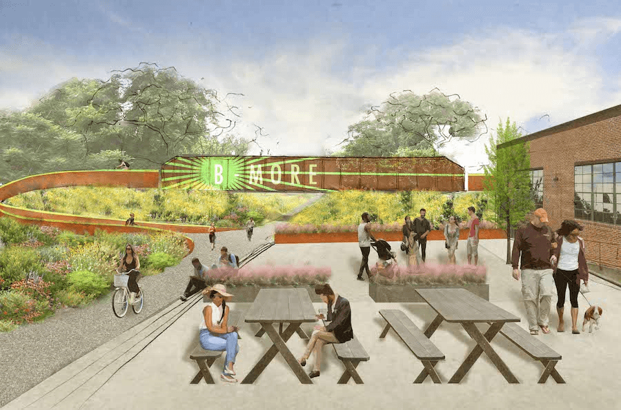 Rendering of the Monument parking lot, part of the Baltimore Greenway Trail Network, by Gabrielle Rashleigh