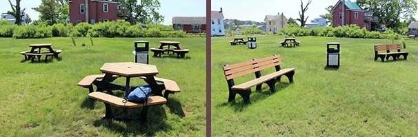 Picnic tables at the Pocket Park on Smith Island, MD