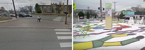 Before and after images of the Pedestrian Street Plaza in Nashville, TN