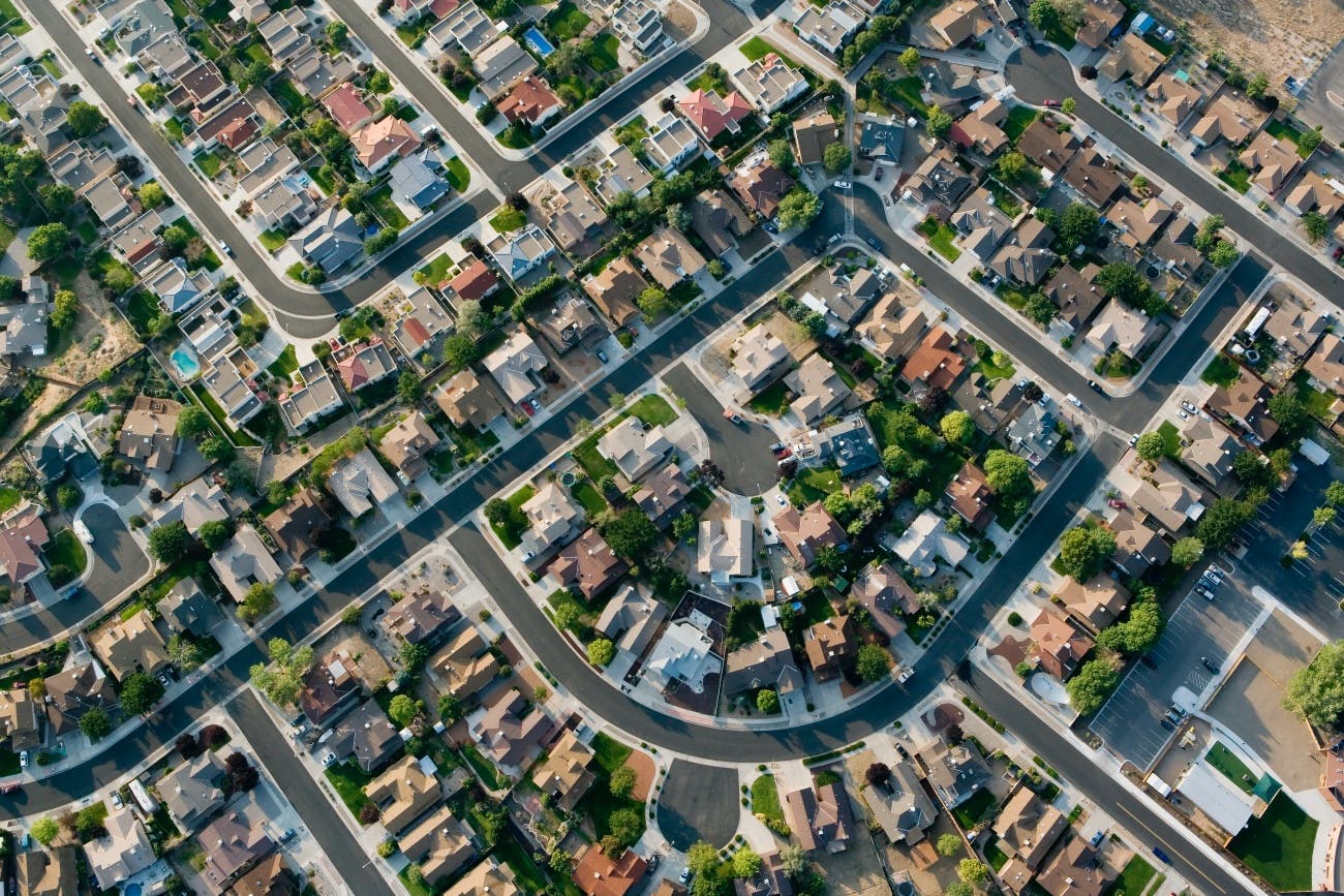 Aerial view of suburban neighborhood