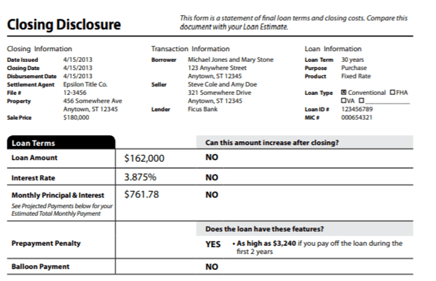 Screen capture: Closing disclosure form