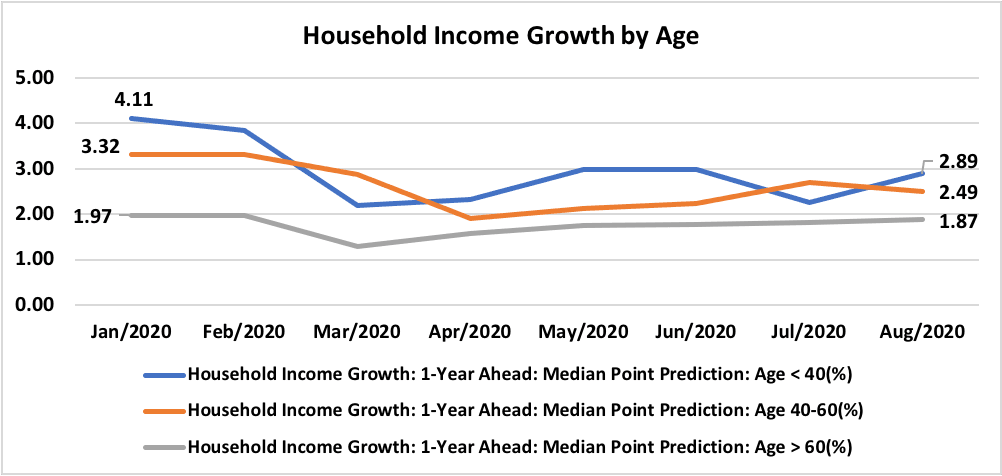 Line graph: Household Income Growth by Age, January 2020 to August 2020