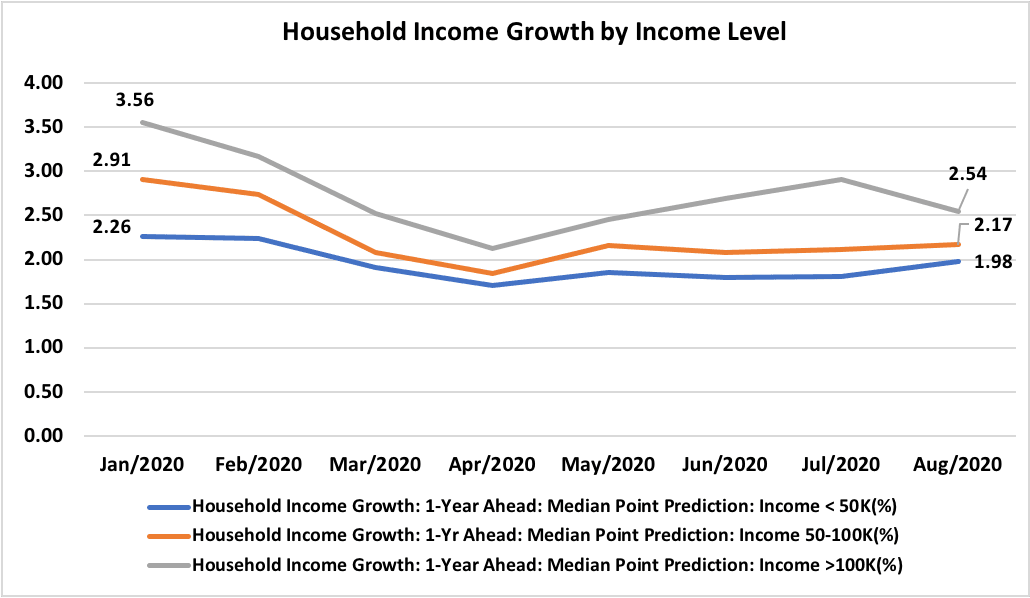 Line graph: Household Income Growth by Income Level, January 2020 to August 2020