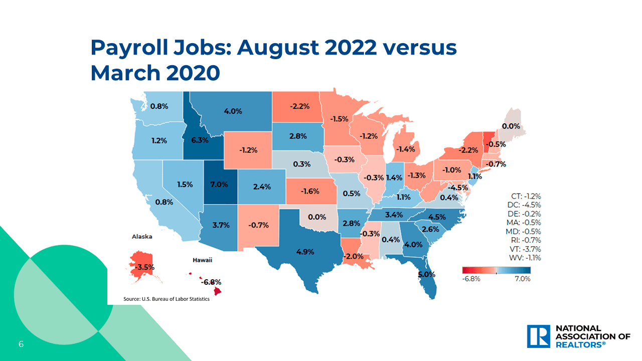 U.S. Map: Payroll Jobs, August 2022 vs March 2020