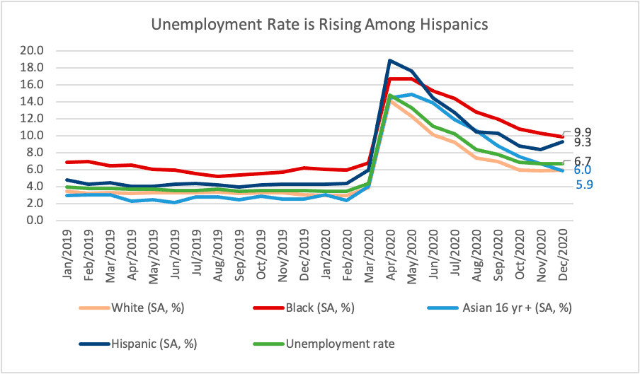 Line graph: Unemployment Rate by Race, January 2019 to December 2020