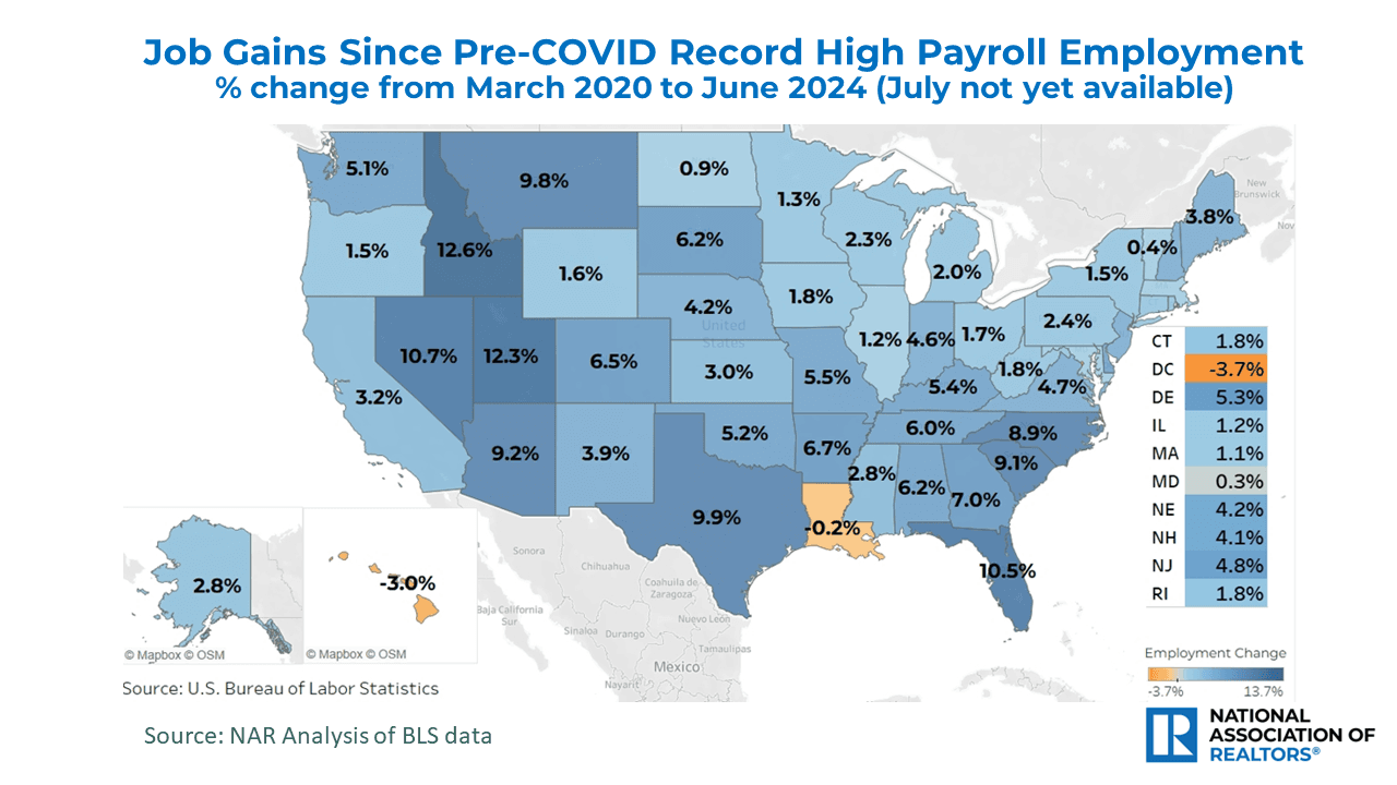 U.S. Map: Job Gains from March 2020 to June 2024