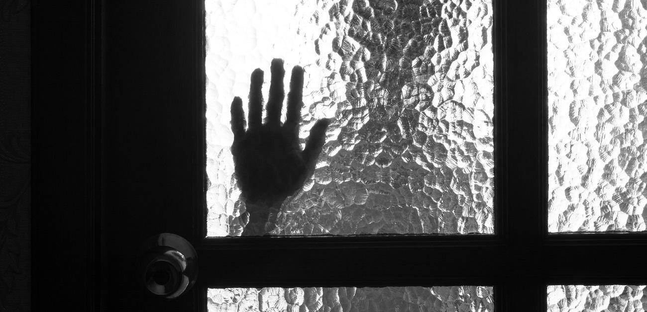 Silhouette of person and hand on window