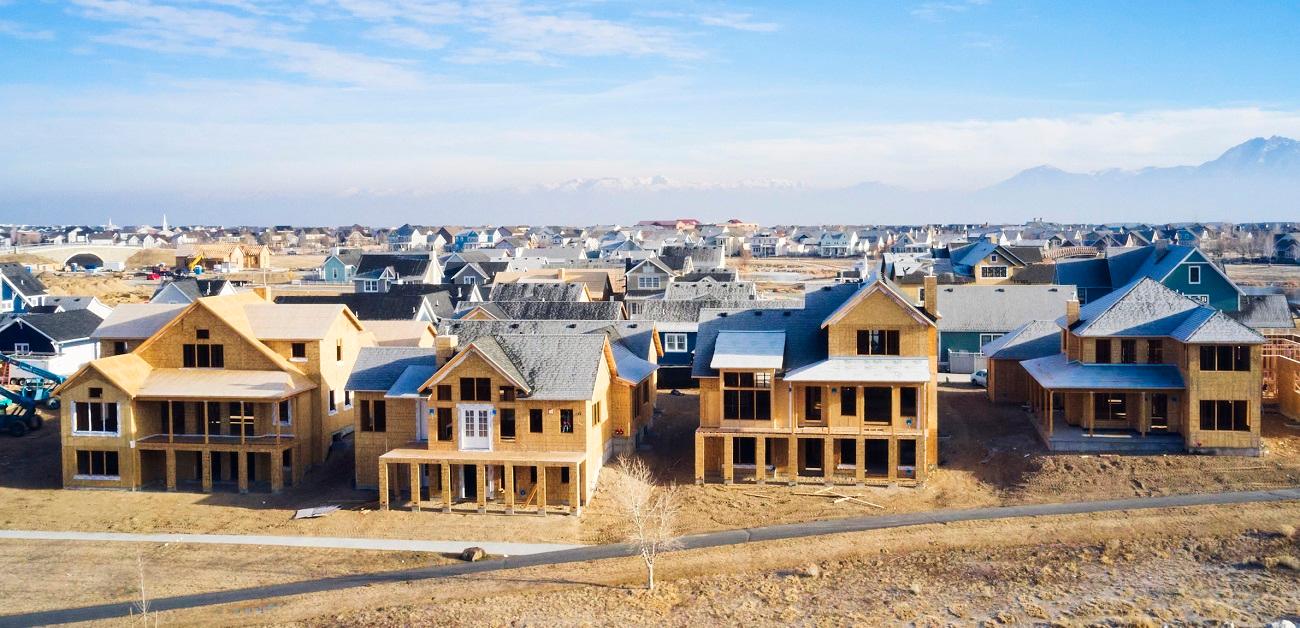 An aerial view of new homes under construction